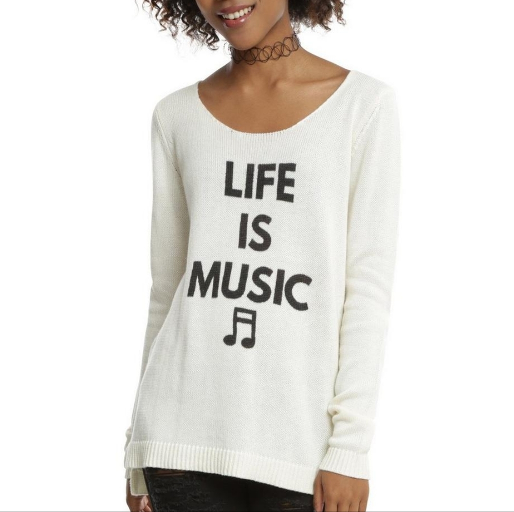 Hot Topic “Life Is Music” Beige Sweater Lace-Up Back Women’s Medium - Picture 11 of 11